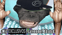 a picture of a gorilla wearing a hat with the words mis exclusivos salvenme xdxdxd below it