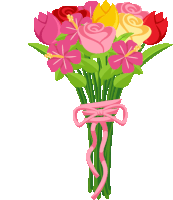 a bouquet of flowers with a pink ribbon tied around them