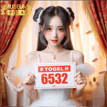 a woman in a white dress holds up a sign that says ' togel 6553 '