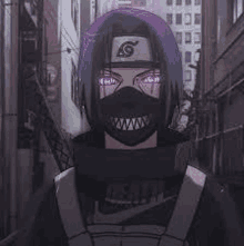 itachi uchiha from naruto is wearing a mask with purple eyes and a bandana on his head .