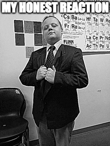 a man in a suit and tie is standing in front of a periodic table of the elements