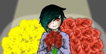 a drawing of a girl holding a bunch of roses