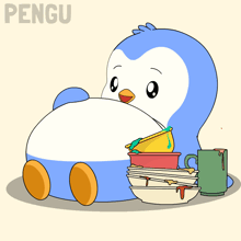 a cartoon of a penguin sitting next to a pile of dirty dishes with the word pengu on the bottom