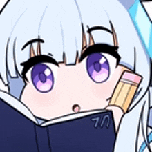 a cartoon girl with white hair and purple eyes is reading a book while holding a pencil .