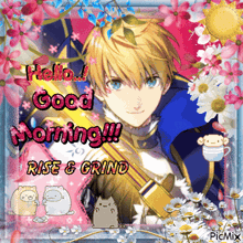 a picture of a boy with a sword says good morning rise & grind
