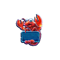 a cartoon lobster is holding a blue sign that says ' crab ' on it