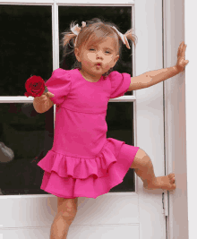 a little girl in a pink dress holds a red rose in her hand