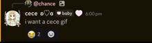 a screenshot of a conversation between @chance and @cece