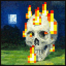 a pixel art of a skeleton with flames coming out of it 's mouth .