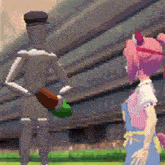 a pixel art of a robot holding a brush next to a girl .