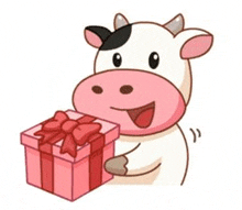 a cow is holding a pink gift box with a red ribbon .