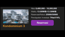 a purple button that says reservasi is next to a picture of a condominium