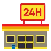 a convenience store with a 24h sign on the roof