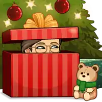 a cartoon of a man peeking out of a red striped gift box next to a teddy bear