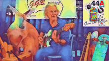 a painting of a man playing a guitar with a deer in the background