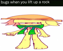 a cartoon character with a scarf around his neck and the words " bugs when you lift up a rock " on the bottom