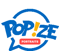 a logo for pop!ze portraits with a speech bubble around it