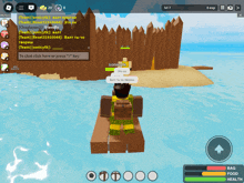 a screenshot of a video game with a person on a raft and a sign that says to chat click here