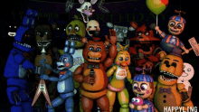 a group of five nights at freddy 's characters are gathered together