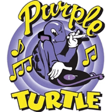 a purple turtle is holding a record and a microphone