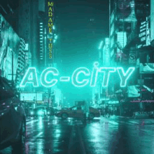 a neon sign in the middle of a city street at night .