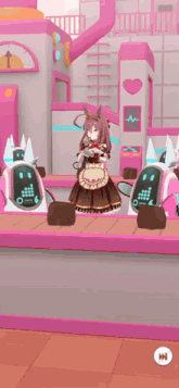 a girl in a maid costume is standing in front of a robot .
