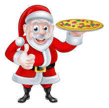 a santa claus cartoon character is holding a pizza and giving a thumbs up