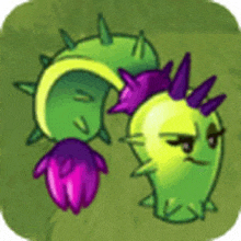 a cartoon cactus with purple thorns and a purple flower on a green background .