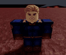 a man in a blue and red superhero costume is standing on a rocky ground