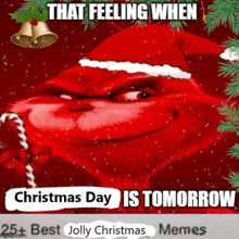 a picture of a grinch holding a candy cane that says that feeling when christmas day is tomorrow