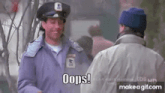a man in a purple uniform is talking to another man and says oops