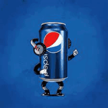 a pepsi can with a cartoon character on it is standing on a blue background .