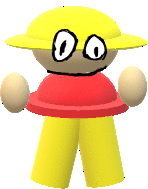 a cartoon character wearing a yellow hat and a red shirt is standing on a white background .