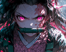 a close up of a girl with pink eyes and a sword in her mouth