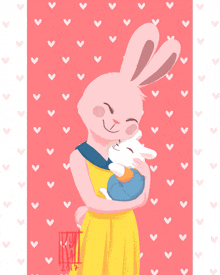 a pink bunny is holding a baby rabbit on a pink background