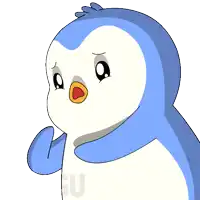a blue and white penguin is behind a glass with the word penguin on it