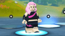 a lego figure with pink hair is standing in a field