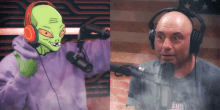 a man wearing headphones talks into a microphone next to an alien