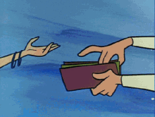 a cartoon of a person giving another person money