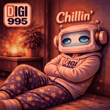 a robot with headphones on his head is laying on the floor in front of a sign that says digi 995