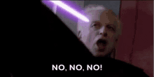 a man is holding a purple light saber in his hand and saying no , no , no !