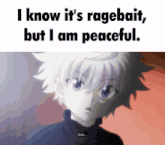 a picture of a anime character with the words " i know it 's ragebait but i am peaceful "