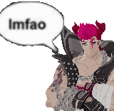 a pixel art of a man with horns and a speech bubble that says imfao