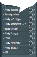 a screenshot of a program that says fruity reverb 2 soundgoodizer fruity soft clipper fruity parametric eq 2 and dblue crusher