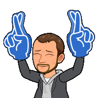 a cartoon of a man crossing his fingers while wearing blue gloves