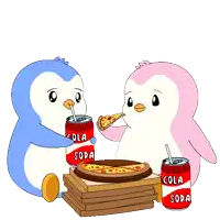 two penguins are eating pizza and drinking soda