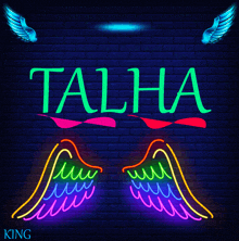 a neon sign that says talha with wings