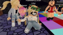 a group of roblox characters are playing a game together and one of them is kneeling down .