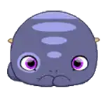 a purple cartoon turtle with purple eyes and a sad look on its face .