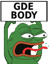 a cartoon frog is holding up a sign that says `` gde body '' .